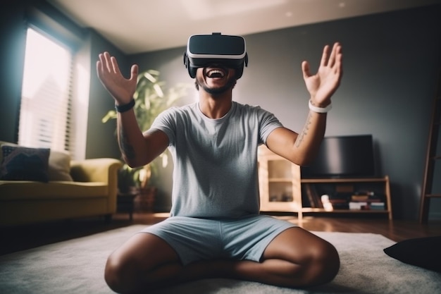 Zdjęcie wciągające doświadczenie w grze energetyczny mężczyzna odkrywa przygody w wirtualnej rzeczywistości