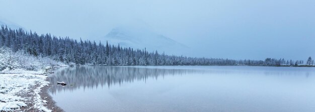 Wczesna zima z pierwszym śniegiem pokrywającym skały i lasy w Parku Narodowym Glacier, Montana, USA