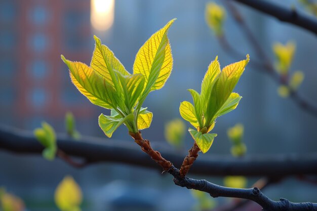 Wczesne wiosenne liście na drzewie na tle miasta