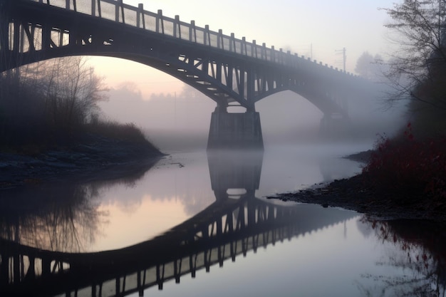 Zdjęcie wcześnie poranna mgła nad częściowo zbudowanym mostem utworzonym za pomocą generatywnej sztucznej inteligencji