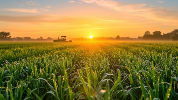 Wczesny poranek rolnicy pola rosy na uprawach wschód słońca wspaniały