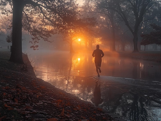 Wczesny poranny biegacz sylwetka na mgli parku wschód słońca biegaczy ruch rozmywa się w świcie