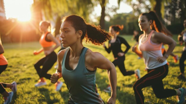 Zdjęcie wczesny poranny trening w miejskim parku, gdzie grupa młodych kobiet wykonuje różne ćwiczenia o wysokiej intensywności, pokazując determinację, wytrzymałość i ożywiający początek dnia.