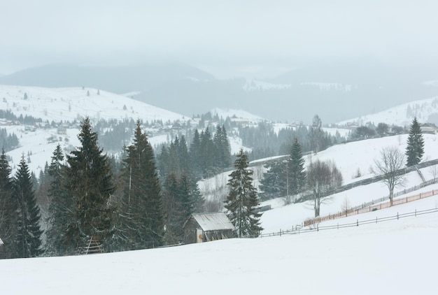 Wczesnym rankiem zimowy krajobraz górskiej wioski
