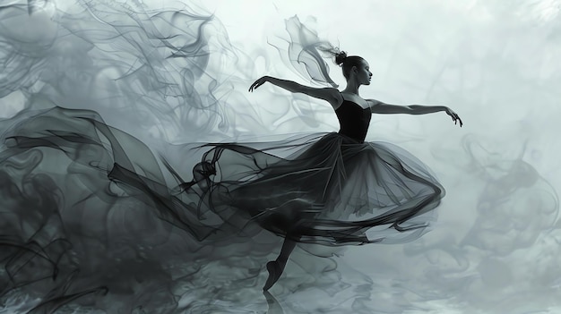 Zdjęcie wdzięczna balerina tańcząca w dymnej eterycznej atmosferze ruchy tancerzy są płynne i eleganckie a jej wyraz twarzy jest czystej radości
