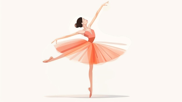 Wdzięczna balerina w koralowym tutu kręci się na scenie z wyciągniętymi ramionami.