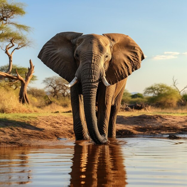 Wdzięczna chwila Afrykański słoń pił w oazie wodnej spokojnie dla mediów społecznościowych