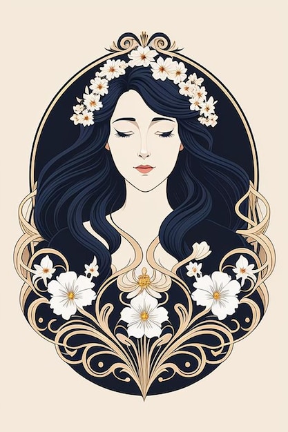 Wdzięczna kobieta z płynącymi włosami i kwiatowymi akcentami w stylu Art Nouveau