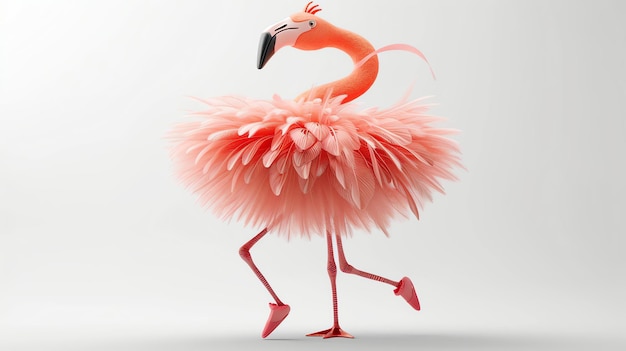 Zdjęcie wdzięczne flamingo w żywej różowej sukience i baletowych butkach stoi na jednej nodze, głowa nachylona na bok, patrząc z ciekawością na świat.