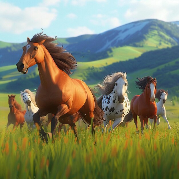 Wdzięczne konie galopujące w majestatycznej scenie kreskówki 3D