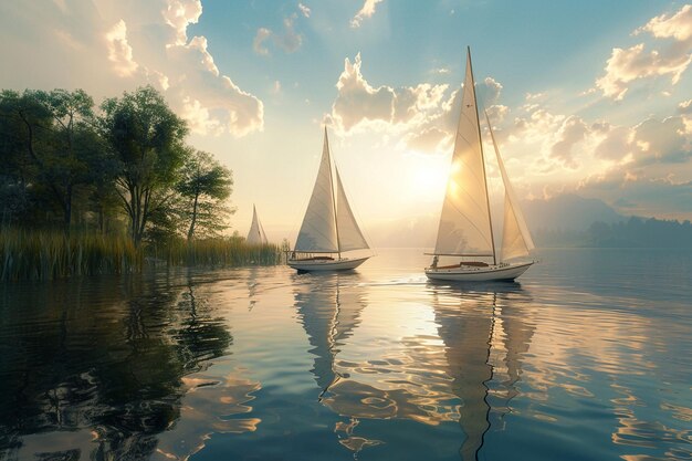 Zdjęcie wdzięczne żaglowe łodzie płynące po spokojnym jeziorze octa