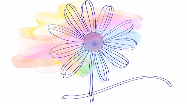 Wdzięczny niebieski rysunek kwiatu margaretki z tęczowym akwarelem na tle