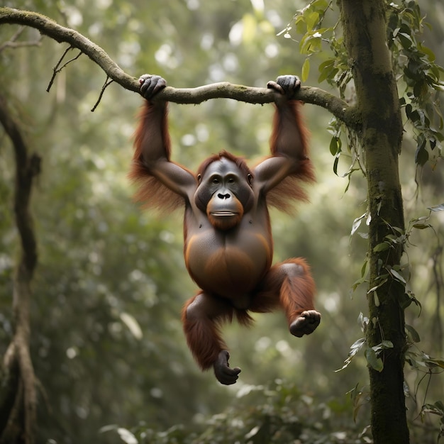 Wdzięczny taniec orangutana w powietrzu przez baldachim