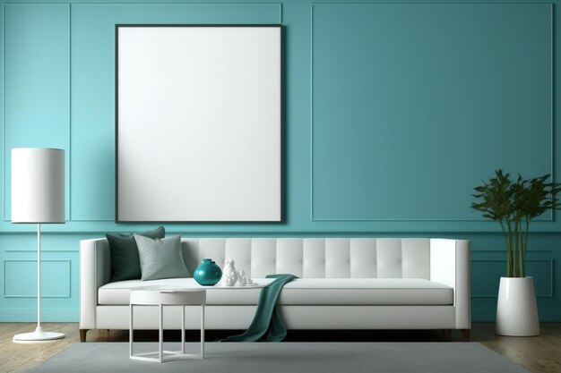 We wnętrzu salonu z lampą podłogową z białej skórzanej kanapy i stolikiem kawowym na drewnianej podłodze znajduje się pusty pionowy plakat na niebieskozielonej ilustracji ściennej