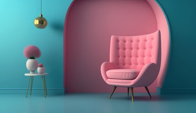 We wnętrzu znajduje się różowy fotel na pustym tle niebieskiej ściany Generative AI