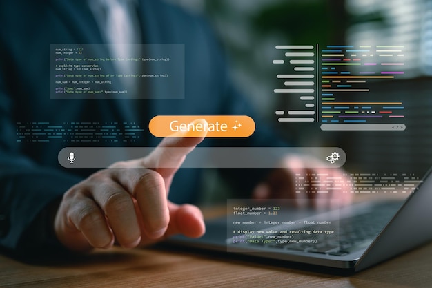 Web developer using AI for code generation and automation Businessman working on laptop with futuristic programming interface script output and voiceactivated AI assistant for smart development