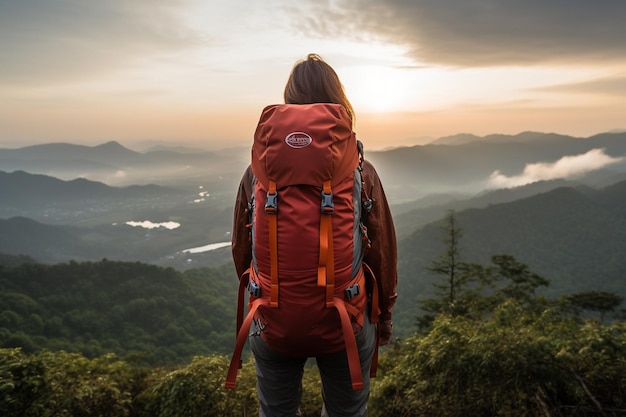 Wędrowca azjatycki plecakowiec kobieta idąca na szczyt góry