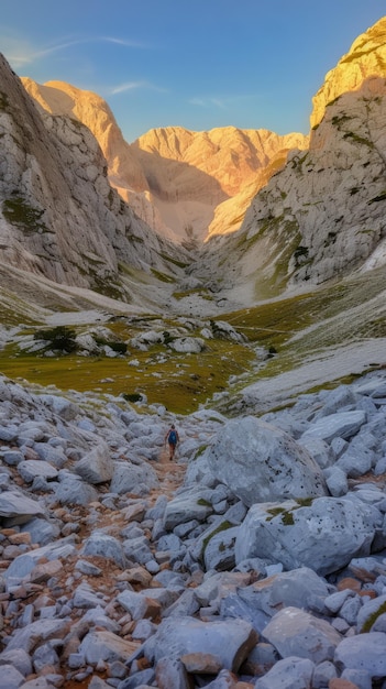 Wędrowca na szlaku Rocky Mountain w dolinie między górami podczas zachodu słońca