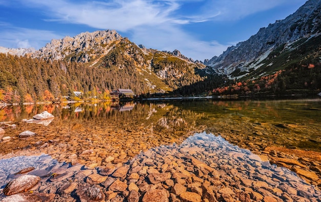 Wędrówki Jezioro Popradske bardzo popularny cel wędrówek w Parku Narodowym Wysokie Tatry Krajobraz Słowacji