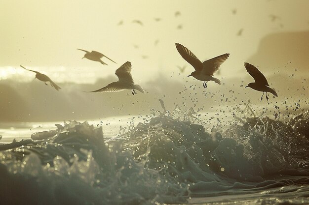 Zdjęcie wędruj po oświetlonej przez słońce linii brzegowej, gdzie ptaki morskie poruszają się.