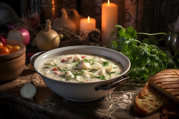 Wędzona zupa z kolczyka kremowa zupy wypełniona wędzonymi ziemniakami i warzywami