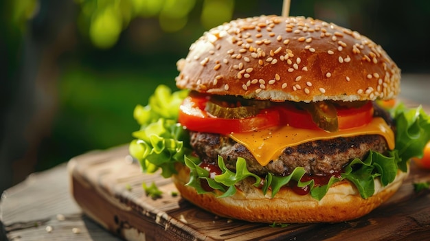 Wegan burger na drewnie z świeżymi warzywami oświetlonymi przez naturalne ciepło prezentujące organiczne wibracje