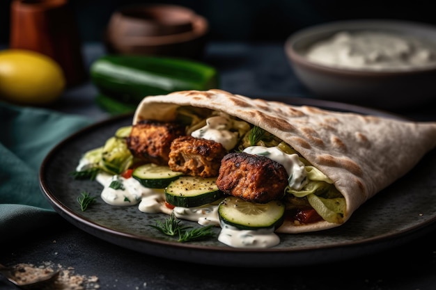 Wegański Kebab Z Greckim Twistem Z Marynowaną Tempeh Grillowaną Cukinią I Dodatkiem Sosu Tzatziki Generative AI