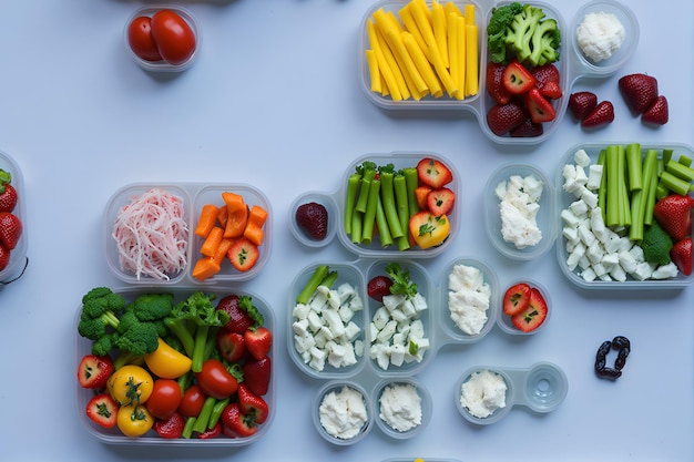 Wegański lunchbox w żywych kolorach i świeżych składnikach, w każdym szczególe oddający ideę zdrowego odżywiania. Wygenerowane przez sztuczną inteligencję