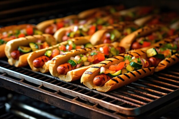 Wegańskie hot dogi skwierczące na grillu węglowym stworzone za pomocą generatywnej sztucznej inteligencji