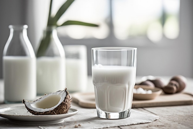 Wegańskie mleko kokosowe na białym stole Generative AI