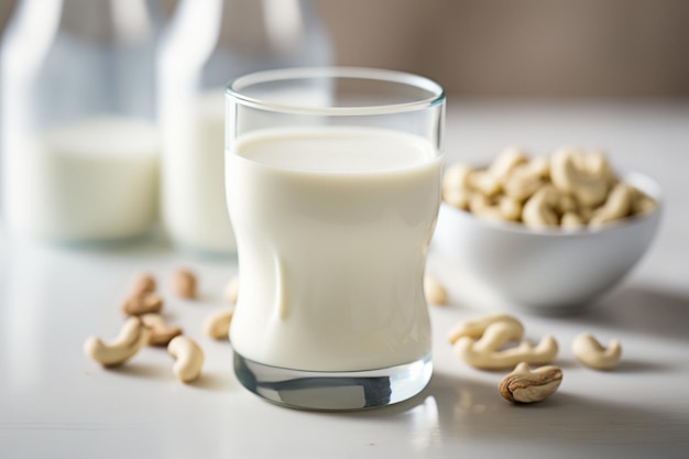 Wegańskie mleko nerkowca na białym stole Generative AI