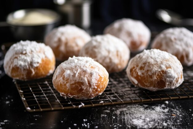 Wegańskie pączki posypane cukrem w proszku na drutowym stojaku stworzonym za pomocą generatywnego AI