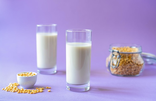 Wegańskie zdrowe mleko grochowe w dwóch szklankach nasiona grochu Liliowe tło