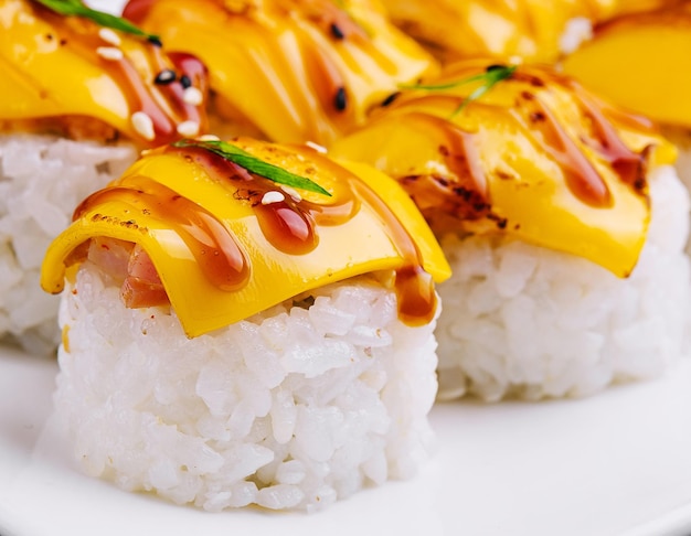 Zdjęcie wegańskie żółte rolki sushi maki na talerzu