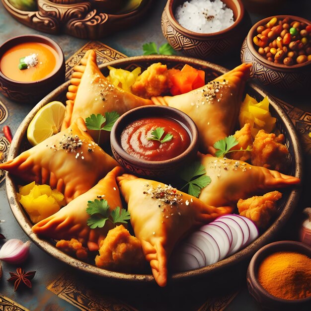 Zdjęcie wegetariańska samsa lub samosas indyjska specjalna tradycyjna kuchnia uliczna punjabi samosa