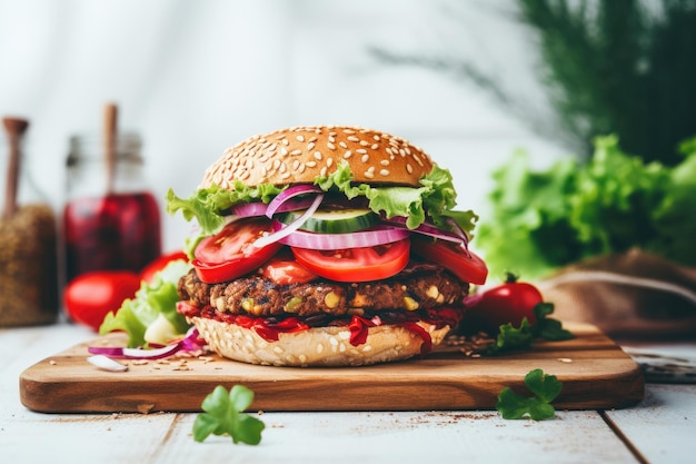 Wegetariański burger z mikrogreenami na desce do krojenia