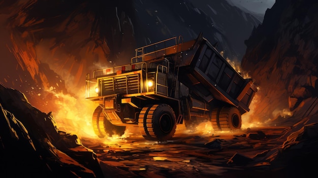 Węgiel ładowany jest na samochody ciężarowe za pomocą maszyn górniczych, które pracują w trakcie wydobycia