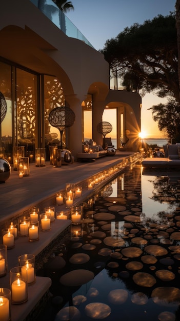 Wejdź w malowniczą scenę, gdzie nowoczesny marokański, luksusowy ogród w Palm Beach jest kąpany w ciepłym blasku zachodu słońca.