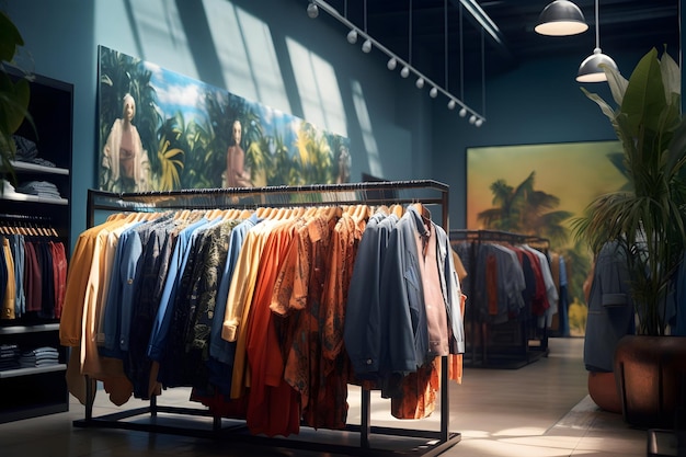 Wejdź w wizualną podróż przez półki sklepu z odzieżą ozdobione najnowszymi trendami