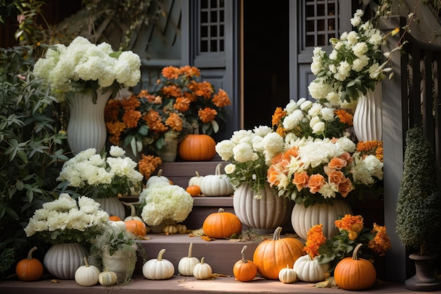 Wejście do domu ozdobione jesiennymi kwiatami i dyniami Dziękczynienie halloween jesienne święta dekoracja