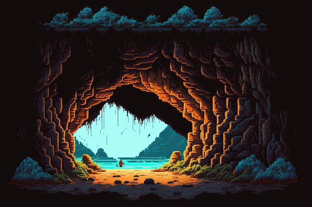 Wejście do jaskini Pixel Art Naturalny krajobraz tunelu w stylu retro dla 8-bitowej gry AI