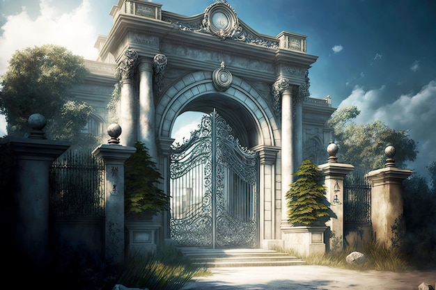 Wejście do mistycznych białych posiadłości z kamiennymi filarami i żelaznymi bramami rezydencji