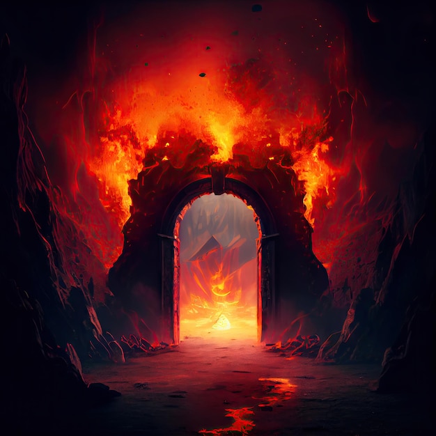 Wejście do podziemia przez płonące gorące wejście do bramy piekła