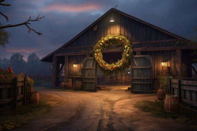 Zdjęcie wejście na farmę z wieńcem i świątecznymi światłami stworzonymi za pomocą generatywnej sztucznej inteligencji