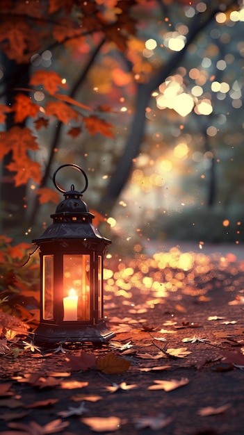 Wektor 3D starożytnej latarni oświetlający ścieżkę posypaną jesiennymi liśćmi romantyczny
