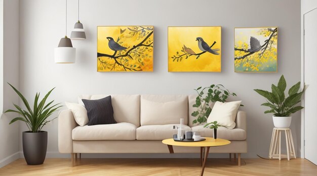 Wektor abstrakcyjna natura i ptaki słońce żółty sztuka akwarela malarstwo ścienne plakaty i druki skandynawskie