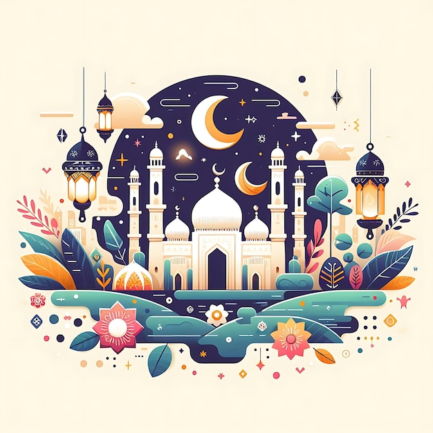 Wektor Eid al-Fitr kolorowa ilustracja meczetu z księżycem i meczetem w tle