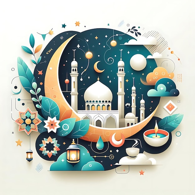 Wektor Eid al-Fitr kolorowy obraz meczetu na niebiesko-pomarańczowym tle