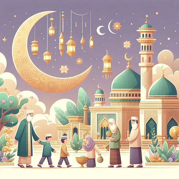 Wektor idul fitri zdjęcie ludzi z księżycem i meczetem z księżyciem w tle