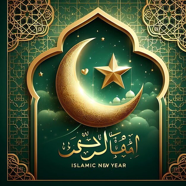Wektor islamski Nowy Rok plakat dla meczetu pod chmurą z gwiazdą na nim